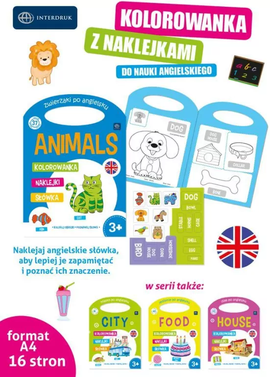 Kolorowanka A4 z naklejkami. Angielski mix - tantis.pl