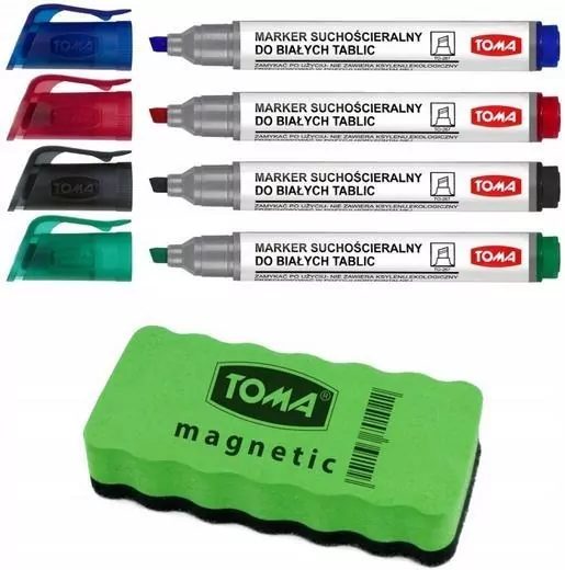 Marker do tablic białych 4 kolory + gąbka TOMA - tantis.pl
