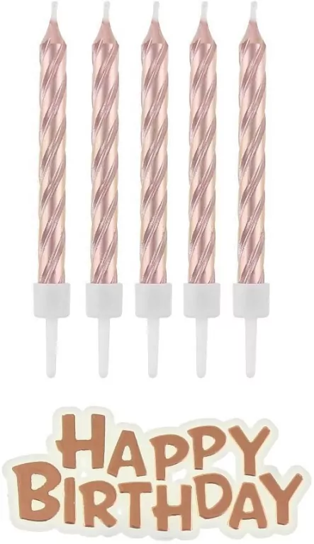 Świeczki B&C urodzinowe Happy Borthday, różowo-złote - tantis.pl