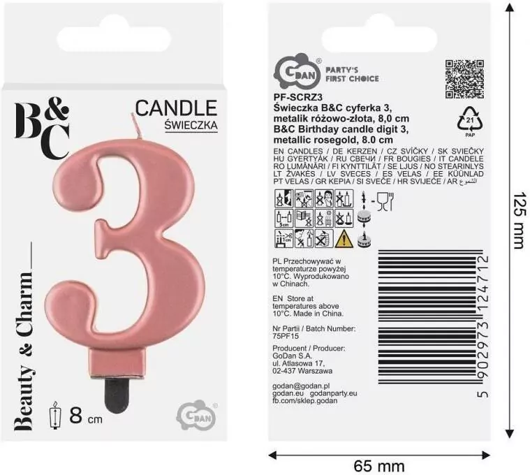 Świeczka B&C cyferka 3, metalik różowo-złota 8cm - tantis.pl