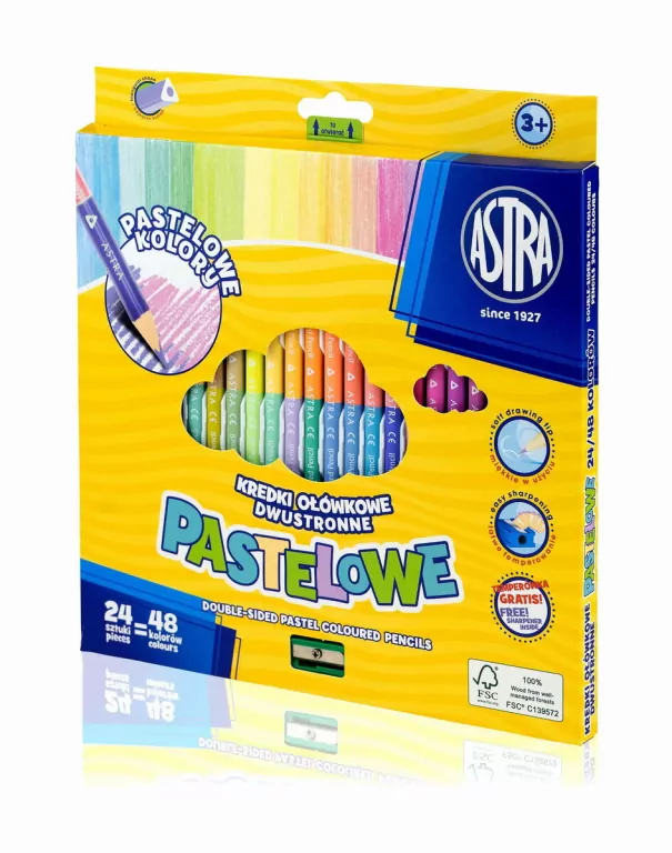 Kredki Astra ołówkowe, trójkątne, dwustronne, pastelowe, 48 kolorów - tantis.pl