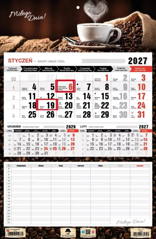 Kalendarz 2027 jednodzielny z planem zajęć kawa - tantis.pl