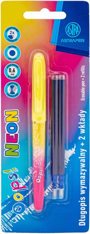 Długopis wymazywalny Astrapen Oops Neon + 2 wkłady niebieskie. 1 sztuka - tantis.pl