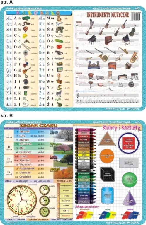 Podkładka edukacyjna. Abecadło, instrumenty muzyczne, zegar, kolory i kształty - tantis.pl