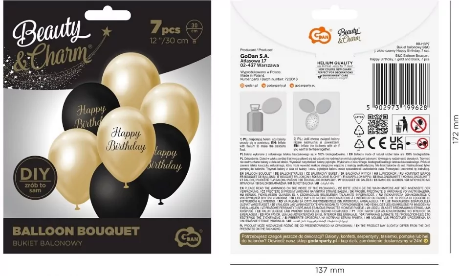Balony B&C j. złoto-czarny Happy Birthday - tantis.pl
