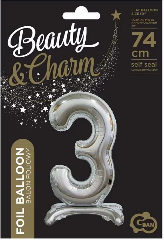Balon foliowy 3, stojący, srebrny, 74 cm - tantis.pl
