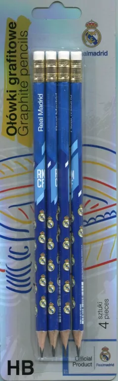 Ołówki HB trójkątne z gumką. Real Madrid 4 sztuki - tantis.pl