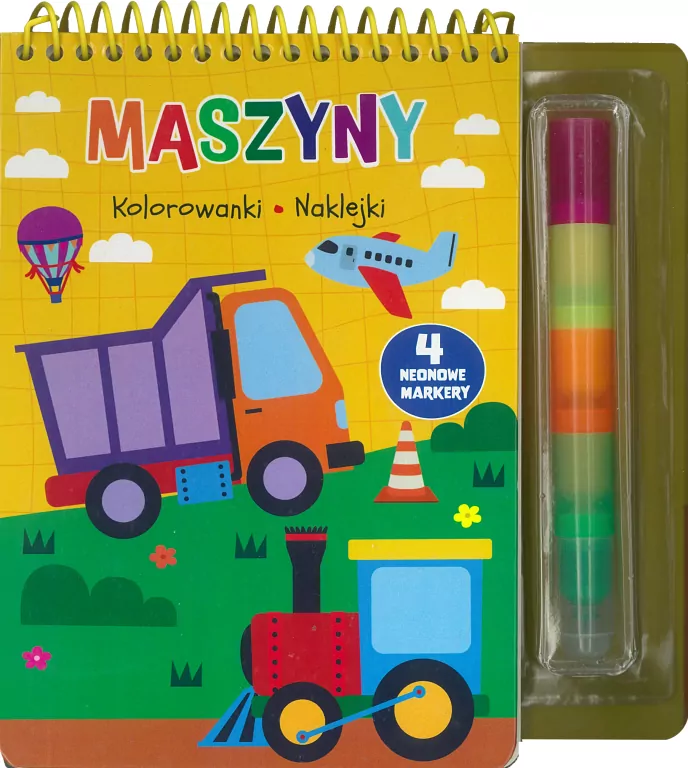 Maszyny. Kolorowanki naklejki 4 neonowe markery - tantis.pl