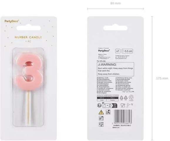 Świeczka urodzinowa cyfra 3 jasno różowa 5,5cm - tantis.pl