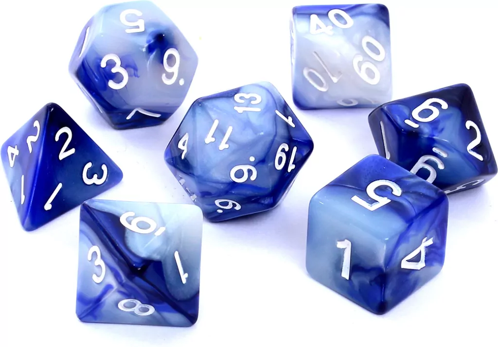 Komplet kości RPG. Fioletowo-srebrne. Dwukolorowe. REBEL - tantis.pl