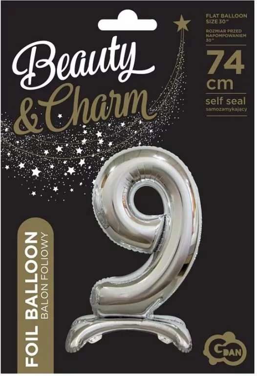 Balon foliowy 9, stojący, srebrny, 74 cm - tantis.pl