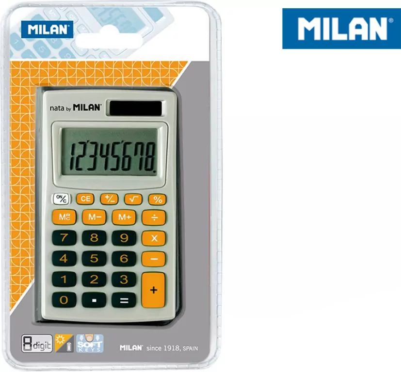 Kalkulator Milan kieszonkowy w etui 8 pozycyjny, szaro - pomarańczowy - tantis.pl