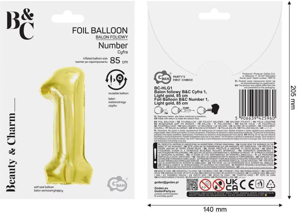 Balon foliowy B&C 1 Light gold 85cm - tantis.pl