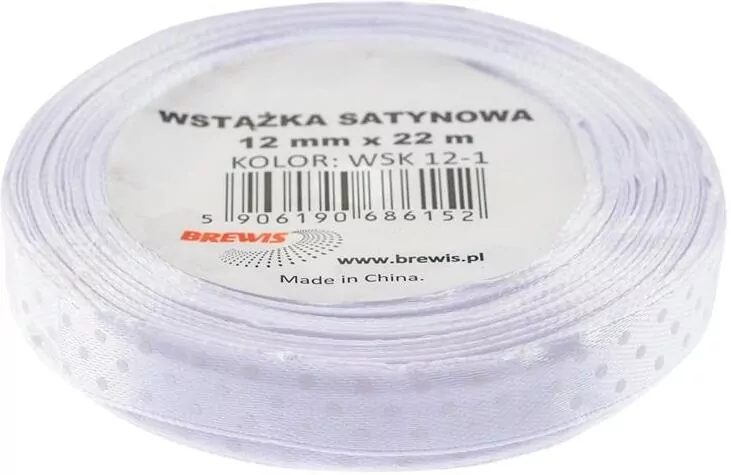 Wstążka satynowa w kropki biała 12mmx22m - tantis.pl