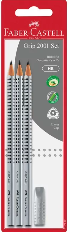 Faber-Castell. Grip 2001 Set Srebrny 3x Ołówek Hb + Gumka Nakładka - tantis.pl