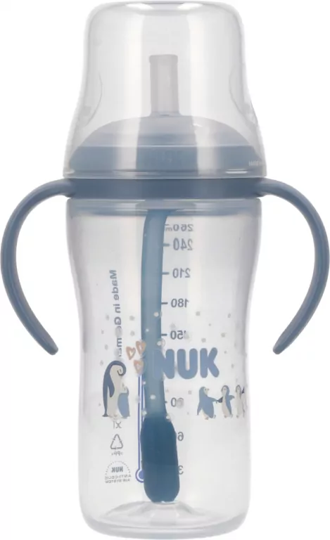 NUK. Butelka do nauki picia ze słomką. 260 ml. Pingwin - tantis.pl