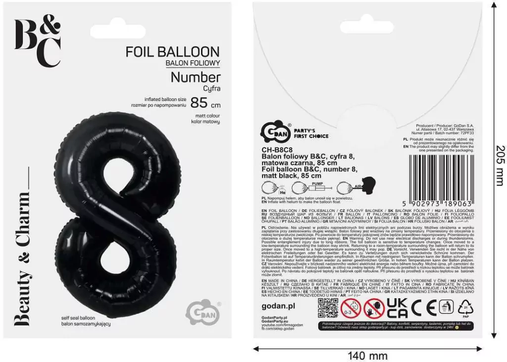 Balon foliowy B&C cyfra 8 matowa czarna 85cm - tantis.pl