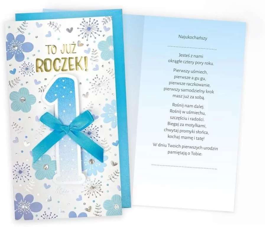 Kukartka. Karnet. Urodziny Roczek, niebieskie kwiatki - tantis.pl
