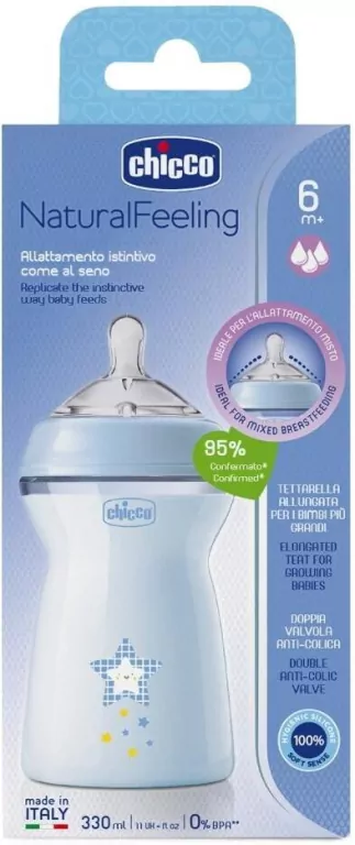 Chicco. NaturalFeeling. Butelka. 330 ml. 6 miesięcy. Niebieska - tantis.pl