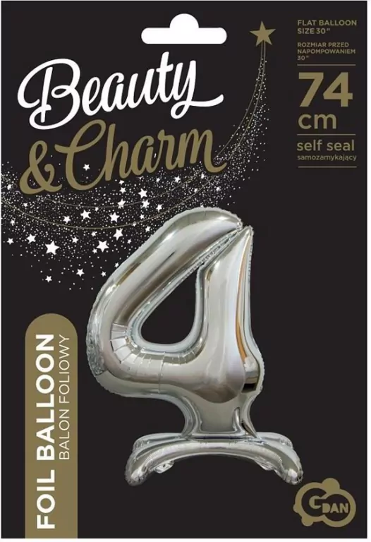Balon foliowy 4, stojący, srebrny, 74 cm - tantis.pl