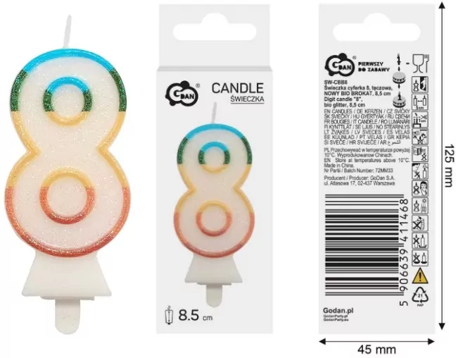 Świeczka cyfra 8 tęczowa 8,5cm - tantis.pl