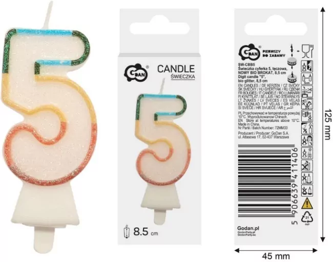 Świeczka cyfra 5 tęczowa 8,5cm - tantis.pl