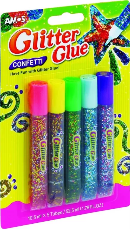 Klej z brokatem AMOS confetti GCF10B5 10,5ml x 5 kolorów - tantis.pl