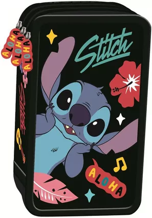 Piórnik potrójny z wyposażeniem Stitch black Aloha - tantis.pl