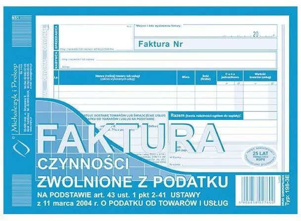 Faktura. Czynności zwolnione z podatku - tantis.pl