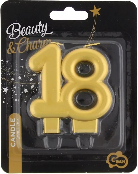Świeczka cyferka 18 Beauty&Charm metalik złota 8cm - tantis.pl