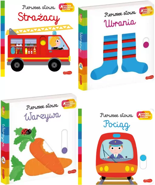 Pakiet: Strażacy / Ubrania / Warzywa / Pociąg. Pierwsze słowa. Akademia Mądrego Dziecka - tantis.pl