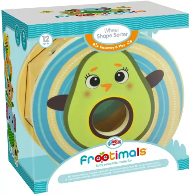 Drewniany sorter kształtów na kółkach Frootimals miss pio chickicado