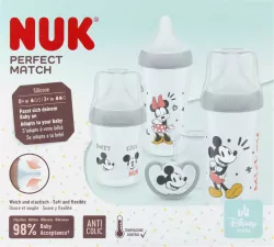 NUK. Perfect Match. Zestaw 4-częściow: 3 butelki, 1 smoczek. Mickie i Minnie