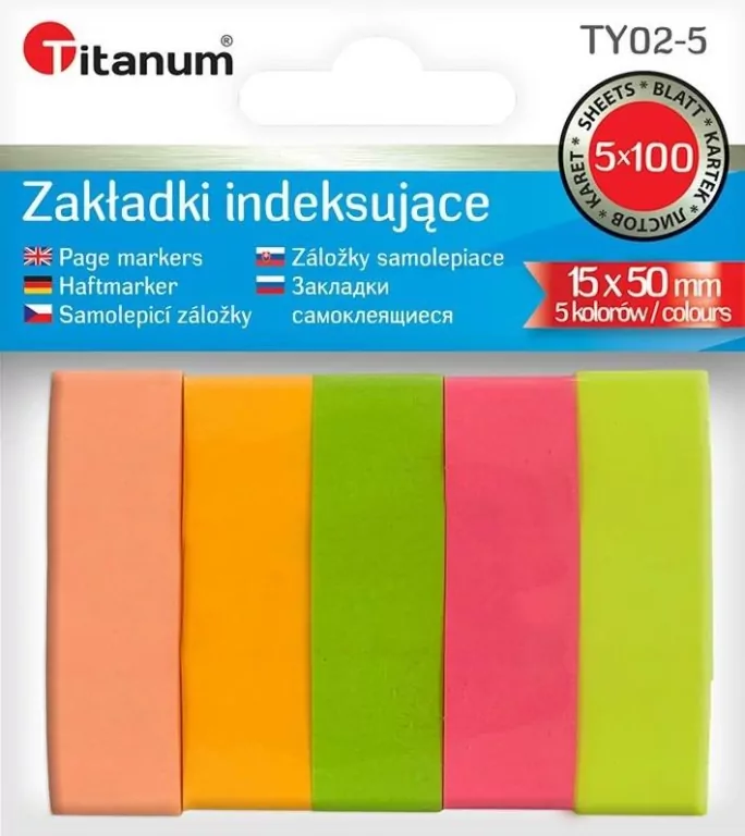 Zakładki indeksujące fluo 15x50mm 5x100 kartek - tantis.pl