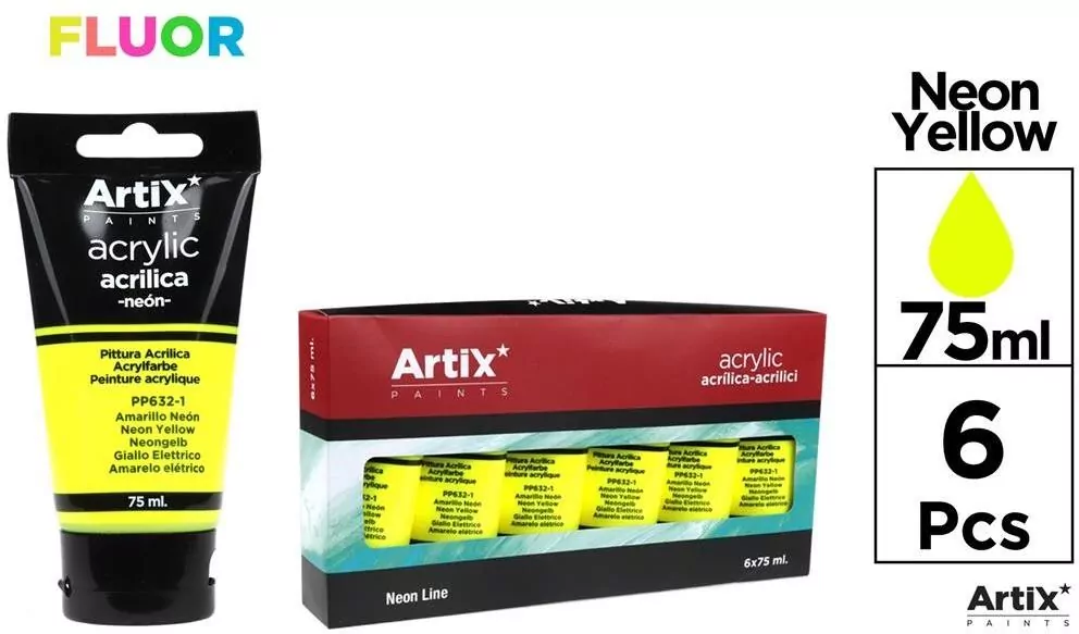 Farba akrylowa fluorescencyjna żółta 75ml, 6 sztuk - tantis.pl