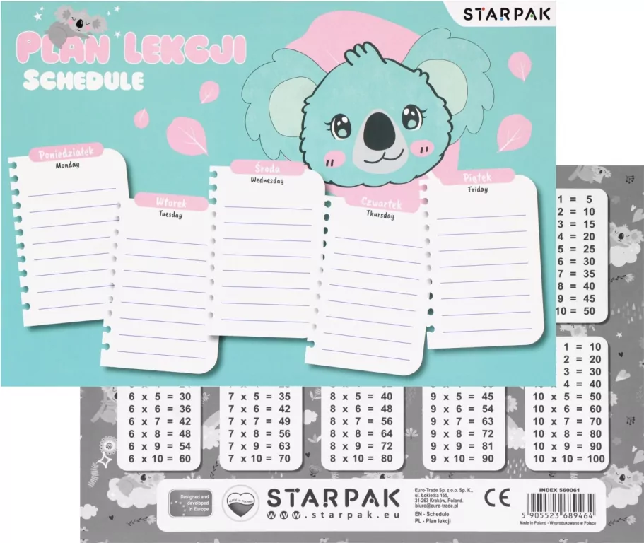 Plan lekcji z tabliczką mnożenia - tantis.pl