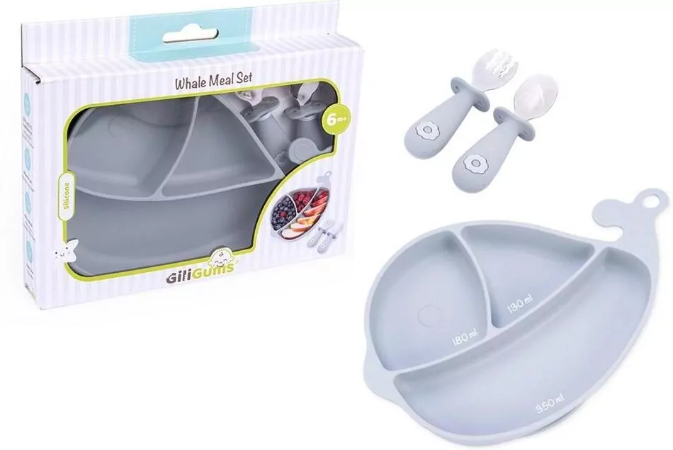 Silikonowy Talerz i sztućce. Wieloryb szary - tantis.pl
