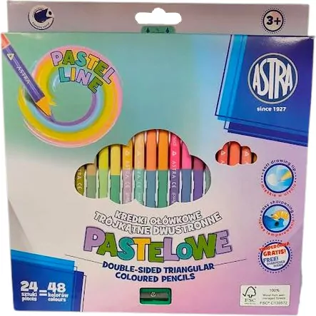 Kredki Astra ołówkowe, trójkątne, dwustronne, pastelowe, 48 kolorów - tantis.pl