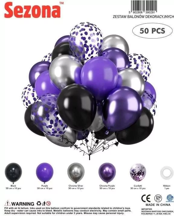 Balony czarne, fioletowe, konfetti 50szt - tantis.pl