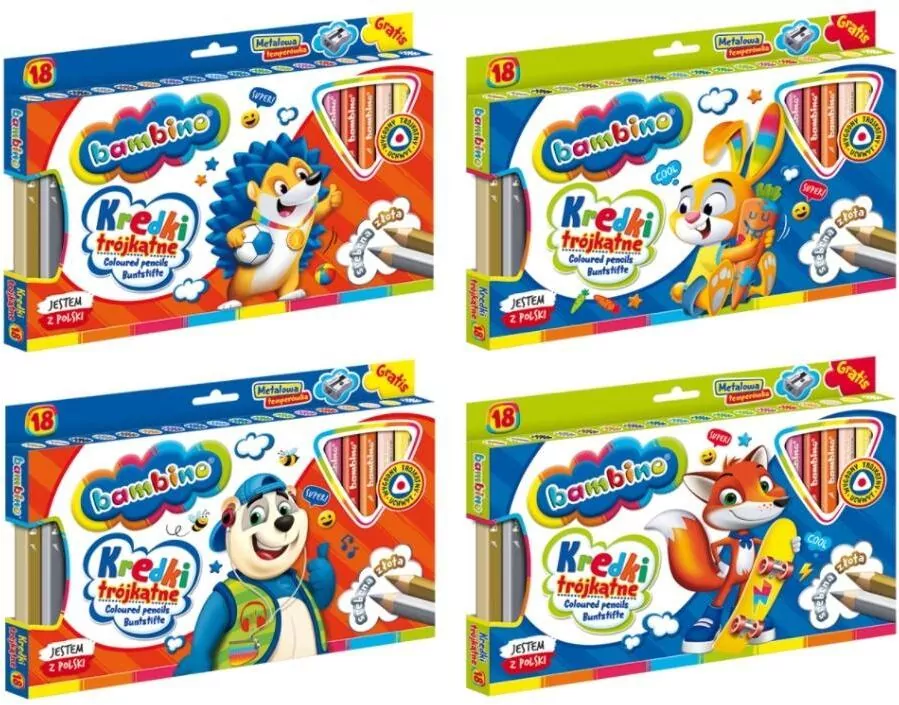 Kredki Bambino trójkątne w oprawie drewnianej. 18 kolorów + temperówka - tantis.pl