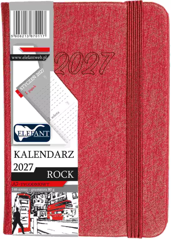 Kalendarz Rock 2027 A7 tygodniowy czerwony - tantis.pl