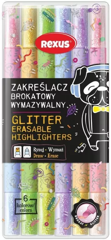 Zakreślacze brokatowe wymaztwalne 6 kolorów - tantis.pl