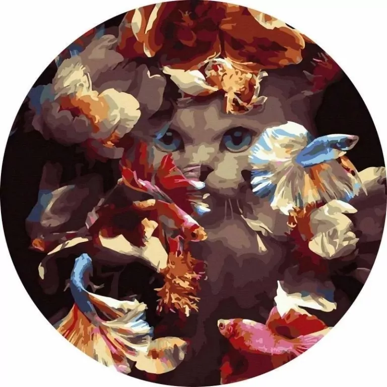 Malowanie po numerach okrągłe - Kot w rybkach 40cm - tantis.pl