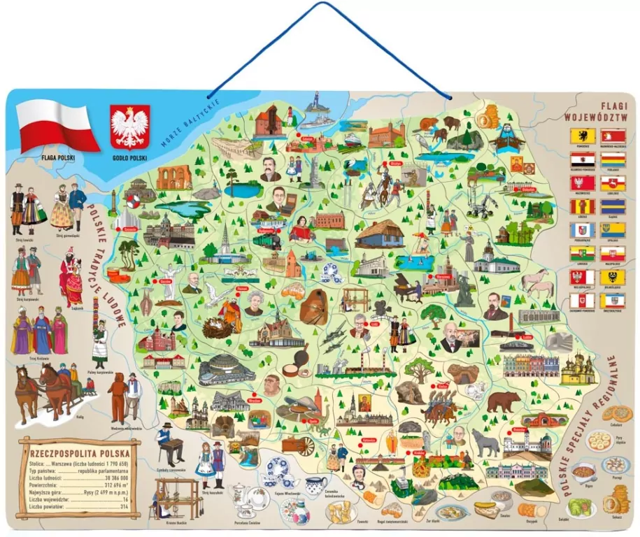 Mapa magnetyczna Polski ze zdjęciami i grą planszową 3w1 91234 Woody - tantis.pl
