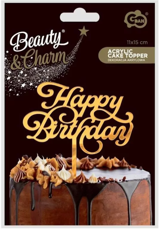 Dekoracja akrylowa na tort Happy Birthday złota - tantis.pl