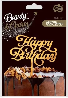 Dekoracja akrylowa na tort Happy Birthday złota