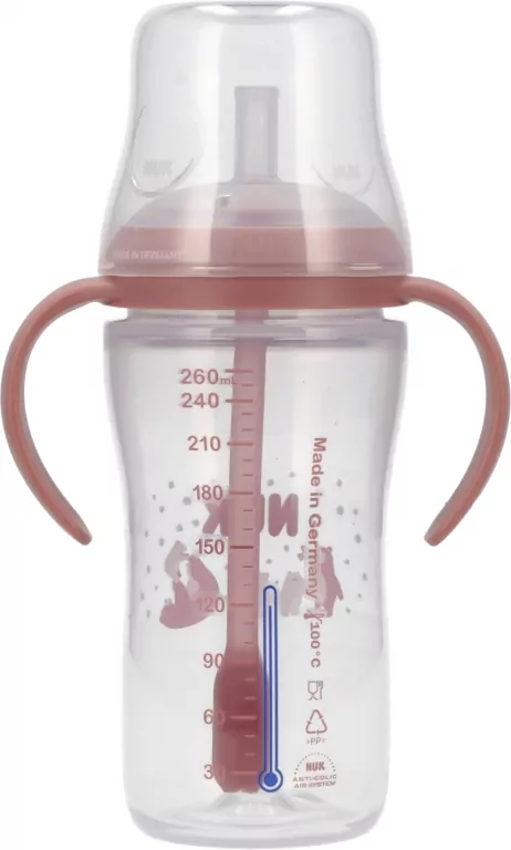 NUK. Butelka do nauki picia ze słomką. 260 ml. Miś - tantis.pl