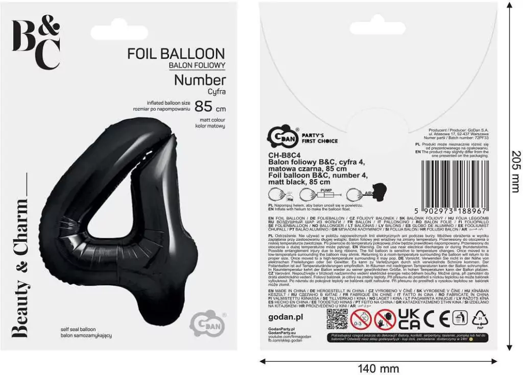 Balon foliowy B&C cyfra 4 matowa czarna 85cm - tantis.pl