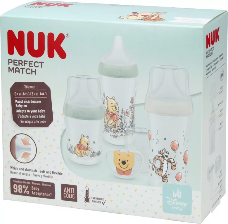 NUK. Perfect Match. Zestaw: smoczek/ 3 butelki. 0-6 miesięcy. Kubuś Puchatek - tantis.pl
