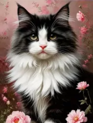 Diamentowa Mozaika Kot czarno-biały w różowych kwiatach NO-2003057